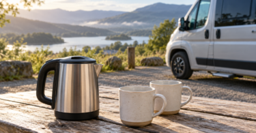 Generic stainless steel kettle and two cups on a picnic table beside a parked camper van