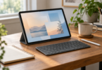 Unbranded tablet on a stand with a separate keyboard, stylus, notebook and mug on a wooden desk