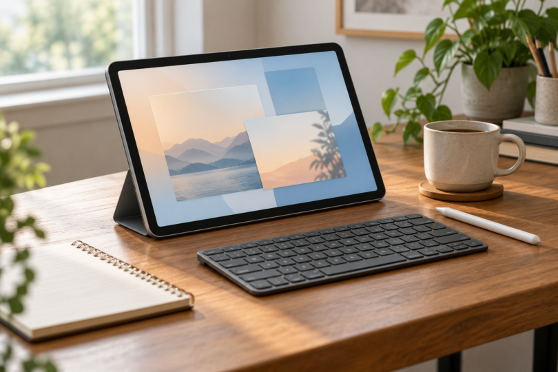 Unbranded tablet on a stand with a separate keyboard, stylus, notebook and mug on a wooden desk