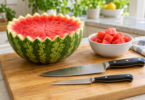 A watermelon half with a zigzag rim, two generic kitchen knives and a bowl of watermelon cubes on a wooden board