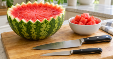 A watermelon half with a zigzag rim, two generic kitchen knives and a bowl of watermelon cubes on a wooden board