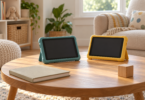 Two generic tablets in teal and yellow protective cases on a wooden table beside books and blocks