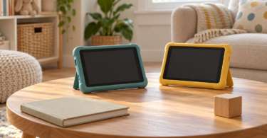 Two generic tablets in teal and yellow protective cases on a wooden table beside books and blocks
