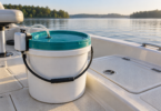 An unbranded white bait bucket with a teal lid and clip-on aerator beside a closed livewell hatch on a boat