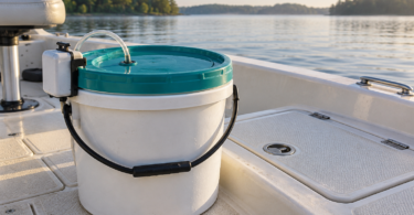 An unbranded white bait bucket with a teal lid and clip-on aerator beside a closed livewell hatch on a boat
