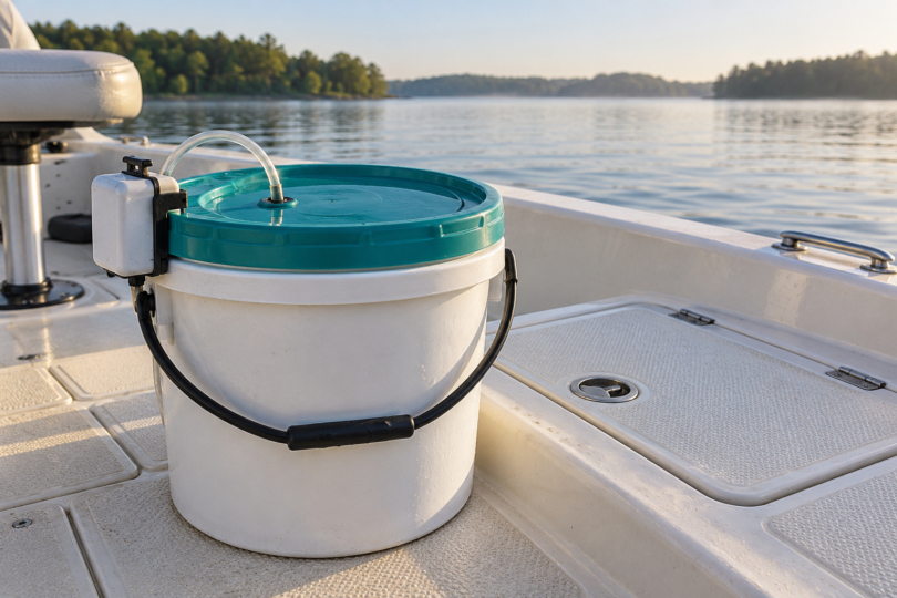 An unbranded white bait bucket with a teal lid and clip-on aerator beside a closed livewell hatch on a boat