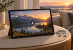 An unbranded tablet showing a mountain lake video and play symbol beside white earphones on a table