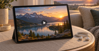 An unbranded tablet showing a mountain lake video and play symbol beside white earphones on a table