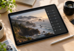 An unbranded tablet displaying a coastal photograph with adjustment sliders beside a stylus, camera lens and memory card