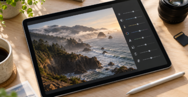An unbranded tablet displaying a coastal photograph with adjustment sliders beside a stylus, camera lens and memory card