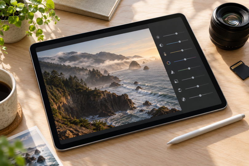 An unbranded tablet displaying a coastal photograph with adjustment sliders beside a stylus, camera lens and memory card