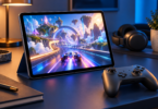 An unbranded tablet displaying a colorful fantasy racing scene beside a dark controller and headphones