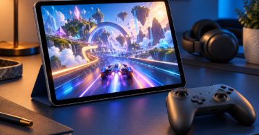 An unbranded tablet displaying a colorful fantasy racing scene beside a dark controller and headphones