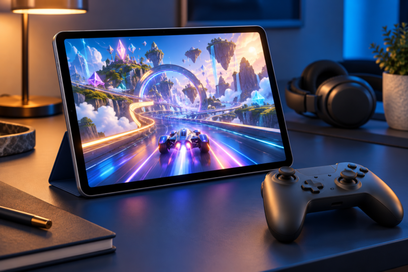 An unbranded tablet displaying a colorful fantasy racing scene beside a dark controller and headphones