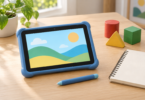 An unbranded tablet in a blue bumper beside a stylus, blank drawing pad and colorful wooden shapes on a desk