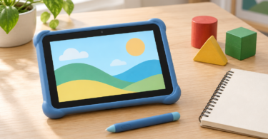 An unbranded tablet in a blue bumper beside a stylus, blank drawing pad and colorful wooden shapes on a desk