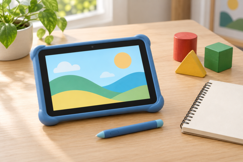 An unbranded tablet in a blue bumper beside a stylus, blank drawing pad and colorful wooden shapes on a desk