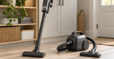 Unbranded dark gray stick and portable canister vacuums on a wooden utility-room floor