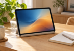 An unbranded tablet with a blue and amber screen on a fabric stand beside a notebook and pen on a wooden desk