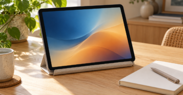 An unbranded tablet with a blue and amber screen on a fabric stand beside a notebook and pen on a wooden desk