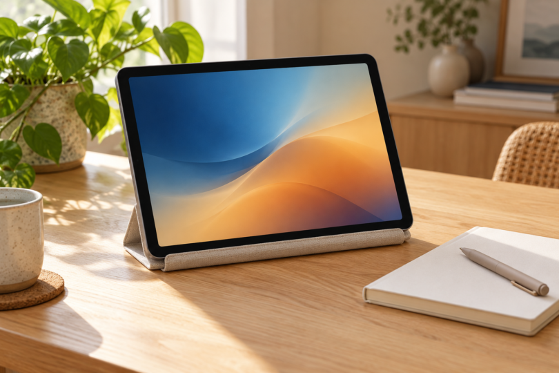 An unbranded tablet with a blue and amber screen on a fabric stand beside a notebook and pen on a wooden desk