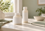 Two unbranded white bottles beside a closed notebook and ceramic bowl on a sunlit table.