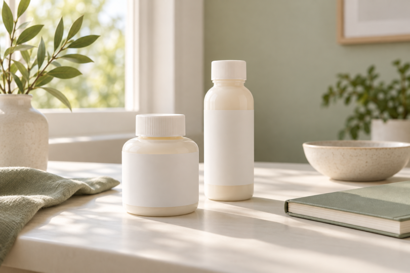 Two unbranded white bottles beside a closed notebook and ceramic bowl on a sunlit table.
