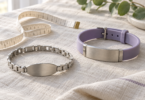 A silver link bracelet and a lavender silicone bracelet with blank metal plates beside a fabric measuring tape on linen.