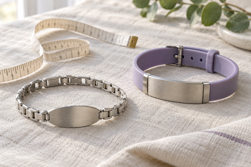 A silver link bracelet and a lavender silicone bracelet with blank metal plates beside a fabric measuring tape on linen.