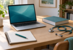 An open silver laptop with a teal screen sits on a wooden desk beside a closed book, blank notebook, pen and stethoscope.