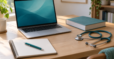 An open silver laptop with a teal screen sits on a wooden desk beside a closed book, blank notebook, pen and stethoscope.