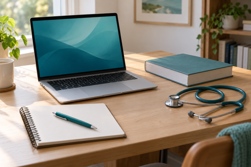 An open silver laptop with a teal screen sits on a wooden desk beside a closed book, blank notebook, pen and stethoscope.