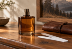 An unlabelled amber fragrance spray bottle beside two white scent strips and a brown leather pouch on a wooden surface.
