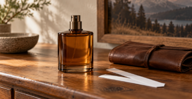 An unlabelled amber fragrance spray bottle beside two white scent strips and a brown leather pouch on a wooden surface.