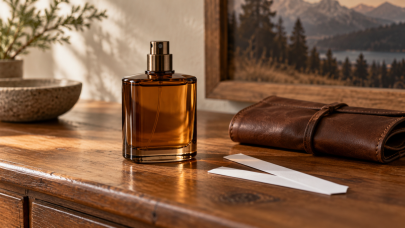An unlabelled amber fragrance spray bottle beside two white scent strips and a brown leather pouch on a wooden surface.