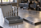 Generic metal twist drill bits in an open gray index beside a plain steel plate on a workshop bench.