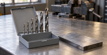 Generic metal twist drill bits in an open gray index beside a plain steel plate on a workshop bench.