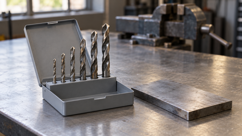 Generic metal twist drill bits in an open gray index beside a plain steel plate on a workshop bench.