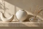 A crescent-shaped ivory vessel, round white ceramic jar and clear glass vase with dried stems on a stone shelf
