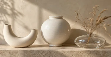 A crescent-shaped ivory vessel, round white ceramic jar and clear glass vase with dried stems on a stone shelf