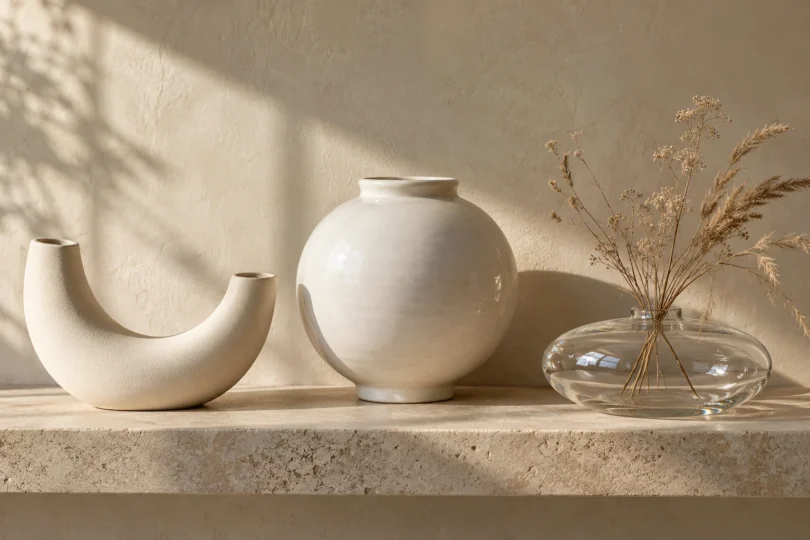 A crescent-shaped ivory vessel, round white ceramic jar and clear glass vase with dried stems on a stone shelf