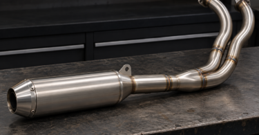 An unbranded two-into-one motorcycle exhaust assembly with a steel muffler on a workshop bench.