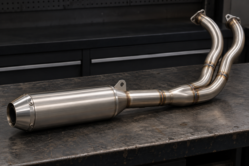 An unbranded two-into-one motorcycle exhaust assembly with a steel muffler on a workshop bench.