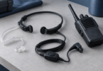 A generic black throat microphone, clear acoustic earpiece, coiled wiring and push-to-talk control lie beside an unbranded handheld radio with the connector unplugged.