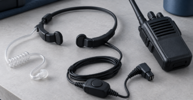 A generic black throat microphone, clear acoustic earpiece, coiled wiring and push-to-talk control lie beside an unbranded handheld radio with the connector unplugged.
