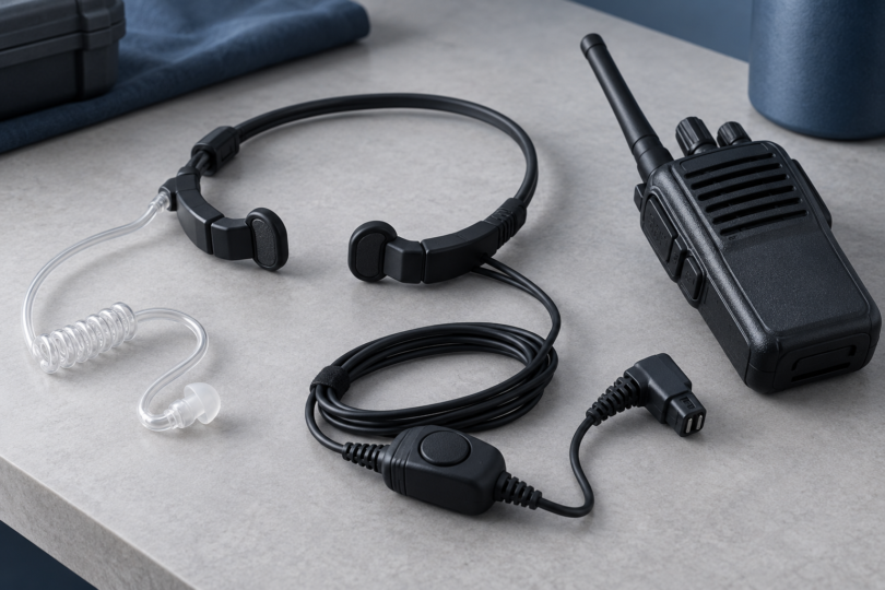 A generic black throat microphone, clear acoustic earpiece, coiled wiring and push-to-talk control lie beside an unbranded handheld radio with the connector unplugged.