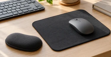 A gray mouse on a dark fabric mouse pad with a separate rounded support on a light wood desk