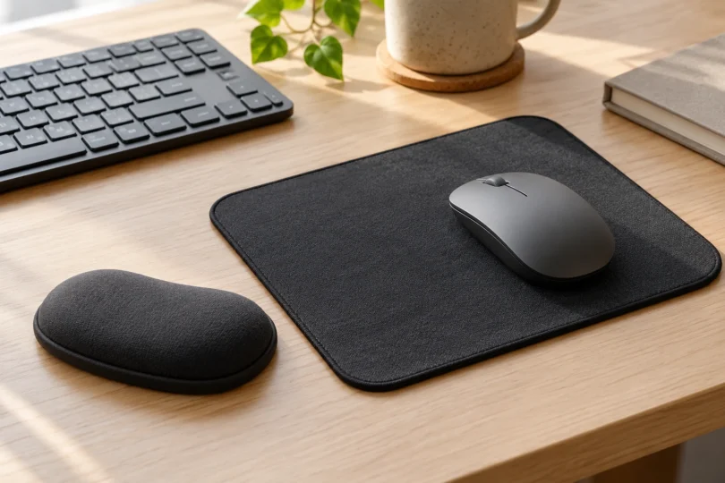 A gray mouse on a dark fabric mouse pad with a separate rounded support on a light wood desk