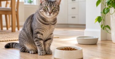 A gray tabby cat sits beside a cream bowl of dry kibble, with a separate water bowl behind it.