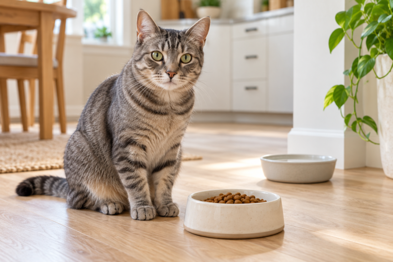 A gray tabby cat sits beside a cream bowl of dry kibble, with a separate water bowl behind it.